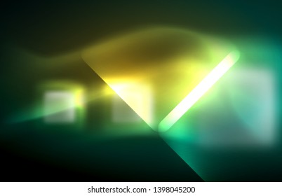 Neon square and line lights on dark background with blurred effects, vector modern design