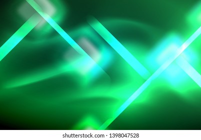 Neon square and line lights on dark background with blurred effects, vector modern design