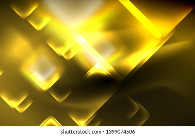 Neon square and line lights on dark background with blurred effects, vector modern design