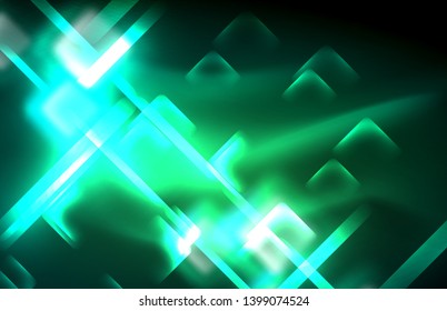 Neon square and line lights on dark background with blurred effects, vector modern design