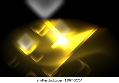 Neon square and line lights on dark background with blurred effects, vector modern design