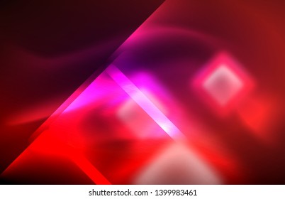 Neon square and line lights on dark background with blurred effects, vector modern design