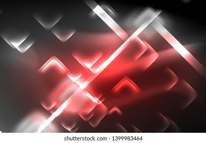 Neon square and line lights on dark background with blurred effects, vector modern design