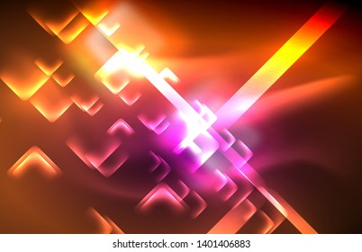 Neon square and line lights on dark background with blurred effects, vector modern design