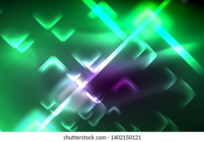 Neon-Quadrat- und Zeilenleuchten auf dunklem Hintergrund mit unscharfem Effekt, Vektormodernes Design