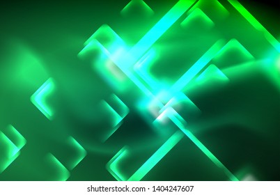 Luces cuadradas y de línea de neón sobre fondo oscuro con efectos borrosos, diseño vectorial moderno