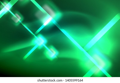 Luces cuadradas y de línea de neón sobre fondo oscuro con efectos borrosos, diseño vectorial moderno