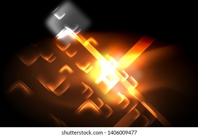 Neon square and line lights on dark background with blurred effects, vector modern design