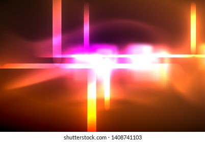 Neon square and line lights on dark background with blurred effects, vector modern design