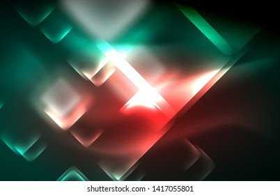 Neon square and line lights on dark background with blurred effects, vector modern design