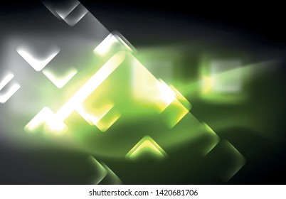 Neon square and line lights on dark background with blurred effects, vector modern design