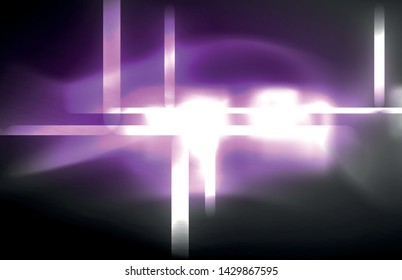 Neon square and line lights on dark background with blurred effects, vector modern design