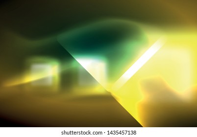 Neon square and line lights on dark background with blurred effects, vector modern design