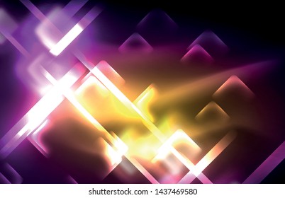 Luces cuadradas y de línea de neón sobre fondo oscuro con efectos borrosos, diseño vectorial moderno