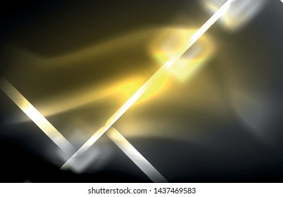 Neon square and line lights on dark background with blurred effects, vector modern design