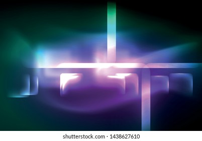Neon square and line lights on dark background with blurred effects, vector modern design