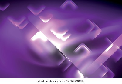 Neon square and line lights on dark background with blurred effects, vector modern design