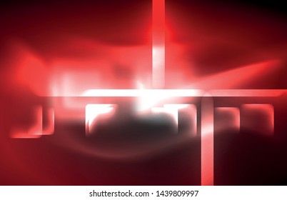 Neon square and line lights on dark background with blurred effects, vector modern design