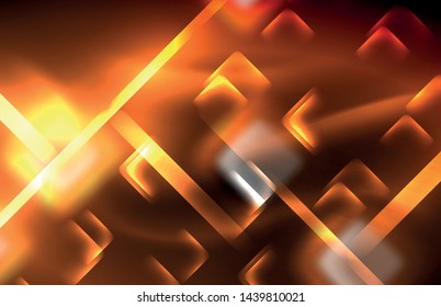 Luces cuadradas y de línea de neón sobre fondo oscuro con efectos borrosos, diseño vectorial moderno