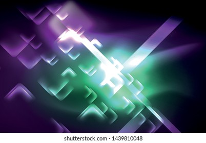 Neon square and line lights on dark background with blurred effects, vector modern design