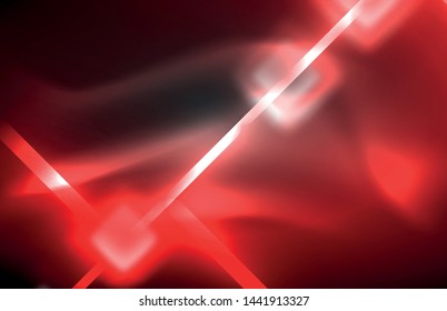 Neon square and line lights on dark background with blurred effects, vector modern design