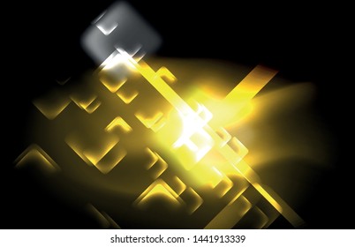 Neon square and line lights on dark background with blurred effects, vector modern design