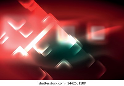 Neon square and line lights on dark background with blurred effects, vector modern design