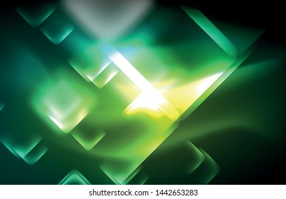 Luces cuadradas y de línea de neón sobre fondo oscuro con efectos borrosos, diseño vectorial moderno