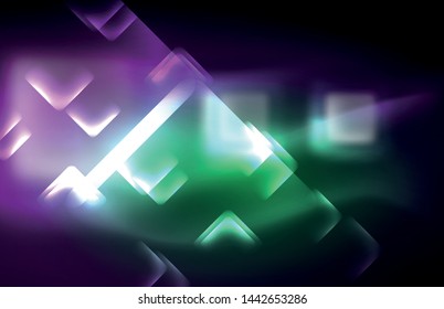 Neon square and line lights on dark background with blurred effects, vector modern design