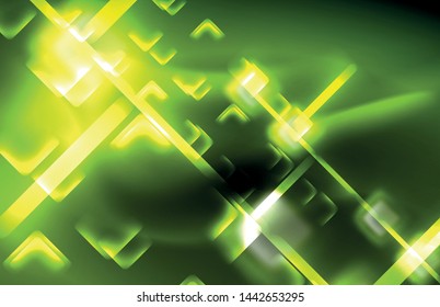 Neon square and line lights on dark background with blurred effects, vector modern design