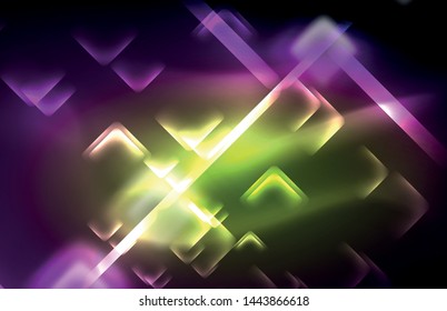 Neon square and line lights on dark background with blurred effects, vector modern design