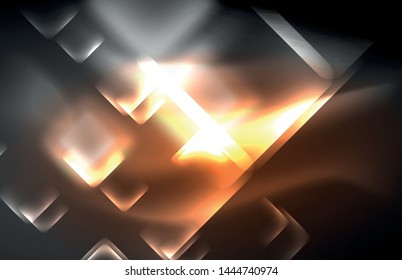 Neon square and line lights on dark background with blurred effects, vector modern design