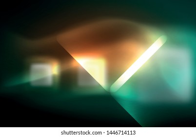 Luces cuadradas y de línea de neón sobre fondo oscuro con efectos borrosos, diseño vectorial moderno