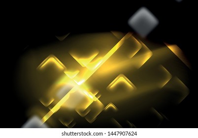 Neon square and line lights on dark background with blurred effects, vector modern design