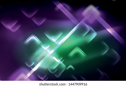 Neon square and line lights on dark background with blurred effects, vector modern design