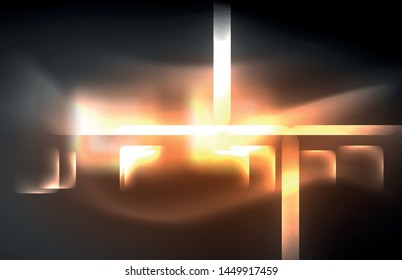 Luces cuadradas y de línea de neón sobre fondo oscuro con efectos borrosos, diseño vectorial moderno