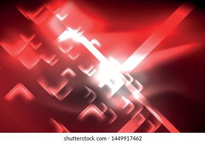 Neon square and line lights on dark background with blurred effects, vector modern design