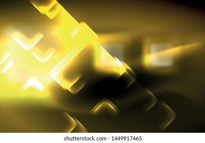 Neon square and line lights on dark background with blurred effects, vector modern design