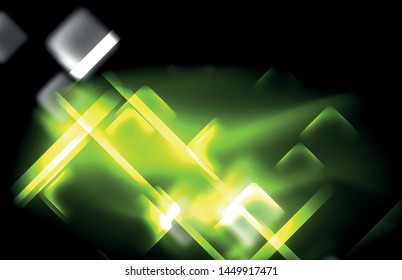 Luces cuadradas y de línea de neón sobre fondo oscuro con efectos borrosos, diseño vectorial moderno