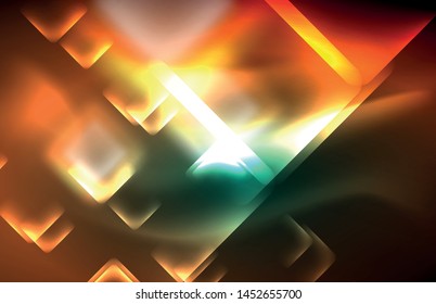 Luces cuadradas y de línea de neón sobre fondo oscuro con efectos borrosos, diseño vectorial moderno