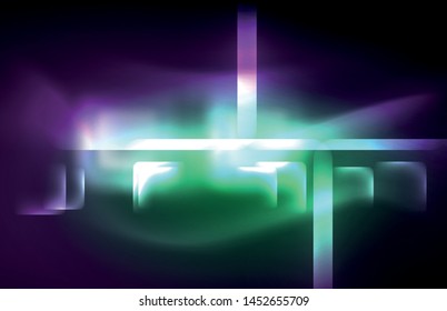 Luces cuadradas y de línea de neón sobre fondo oscuro con efectos borrosos, diseño vectorial moderno