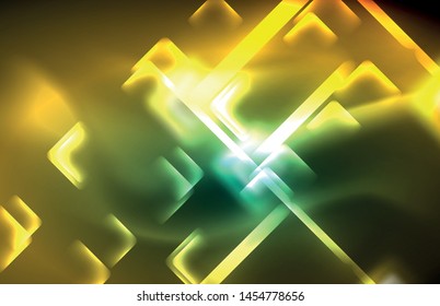 Luces cuadradas y de línea de neón sobre fondo oscuro con efectos borrosos, diseño vectorial moderno