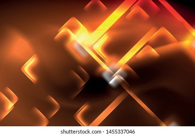 Neon square and line lights on dark background with blurred effects, vector modern design