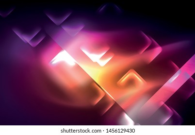 Neon square and line lights on dark background with blurred effects, vector modern design
