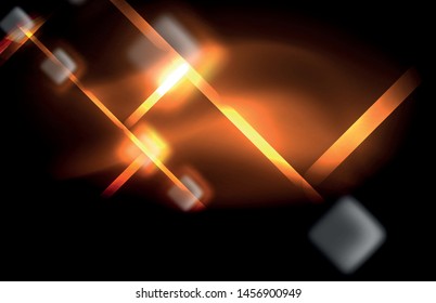 Neon square and line lights on dark background with blurred effects, vector modern design