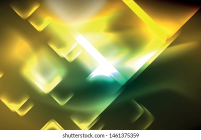 Luces cuadradas y de línea de neón sobre fondo oscuro con efectos borrosos, diseño vectorial moderno