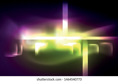Luces cuadradas y de línea de neón sobre fondo oscuro con efectos borrosos, diseño vectorial moderno