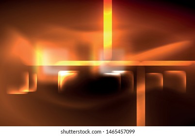 Luces cuadradas y de línea de neón sobre fondo oscuro con efectos borrosos, diseño vectorial moderno