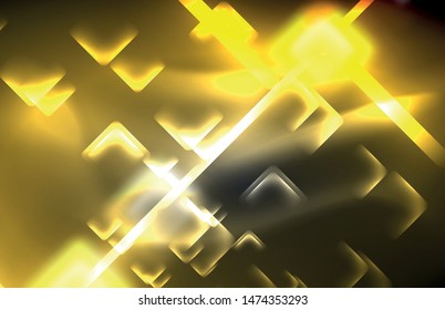 Neon square and line lights on dark background with blurred effects, vector modern design