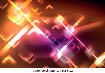 Luces cuadradas y de línea de neón sobre fondo oscuro con efectos borrosos, diseño vectorial moderno